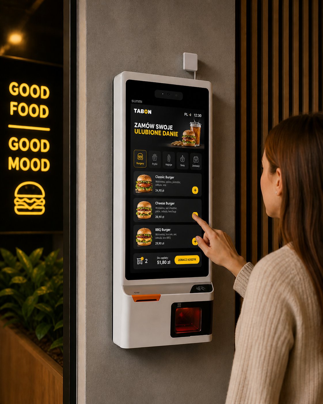 Kobieta zamawiająca na kiosku TABON w restauracji
