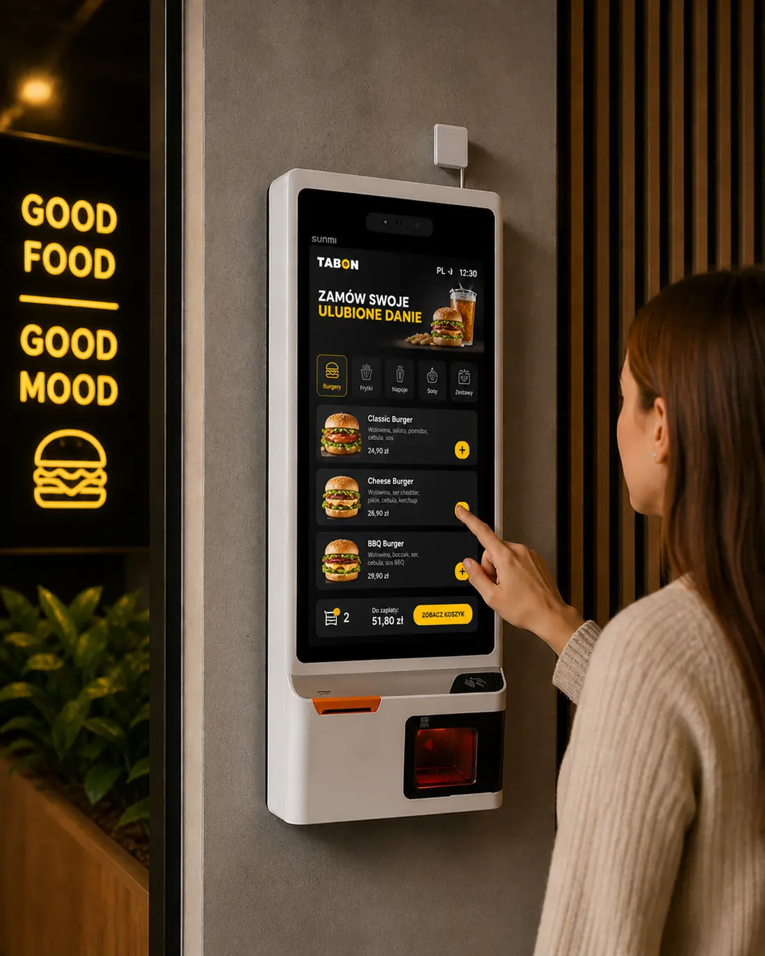 Klientka składa zamówienie na kiosku samoobsługowym TABON w restauracji